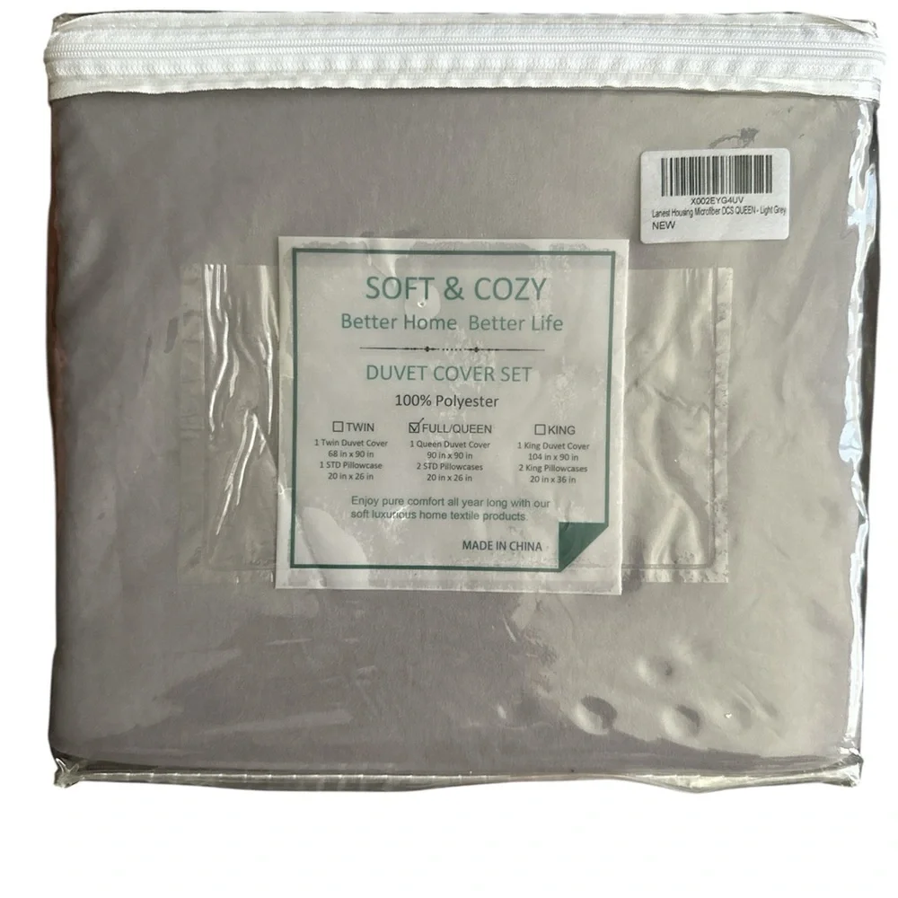 Soft & Cozy Light Gray Duvet Cover Set - 100% Polyester NWT